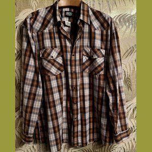 KEY Brown Plaid Men's Western Shirt ~ Pearl Snaps / Size 2XLT